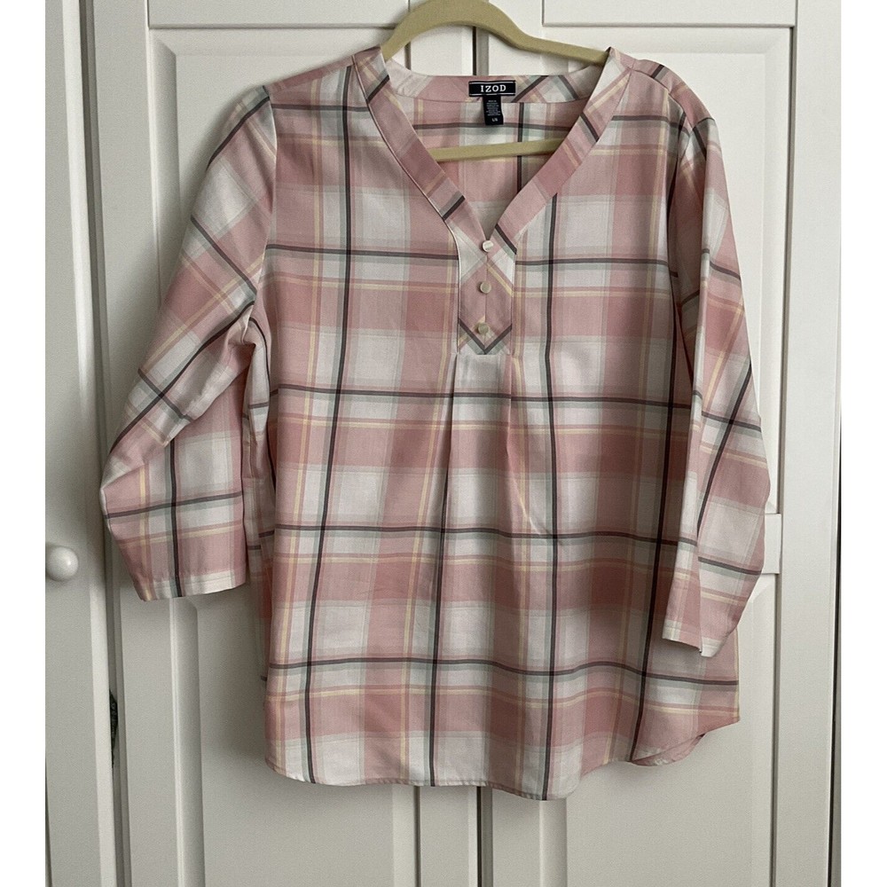 Izod Woman’s Large Pink, White Gray  Plaid V-Veck top Button Accents 3/4 Sleeves